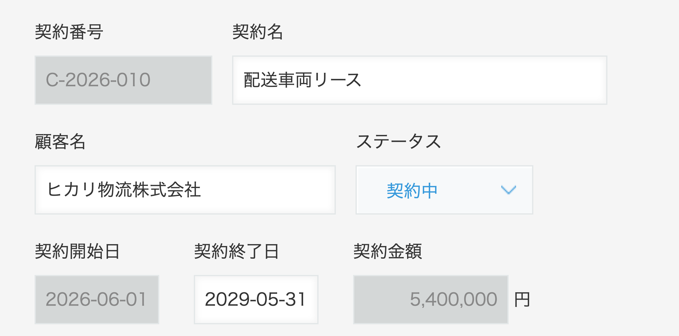 編集画面で編集不可になったフィールドがグレーアウトしている様子