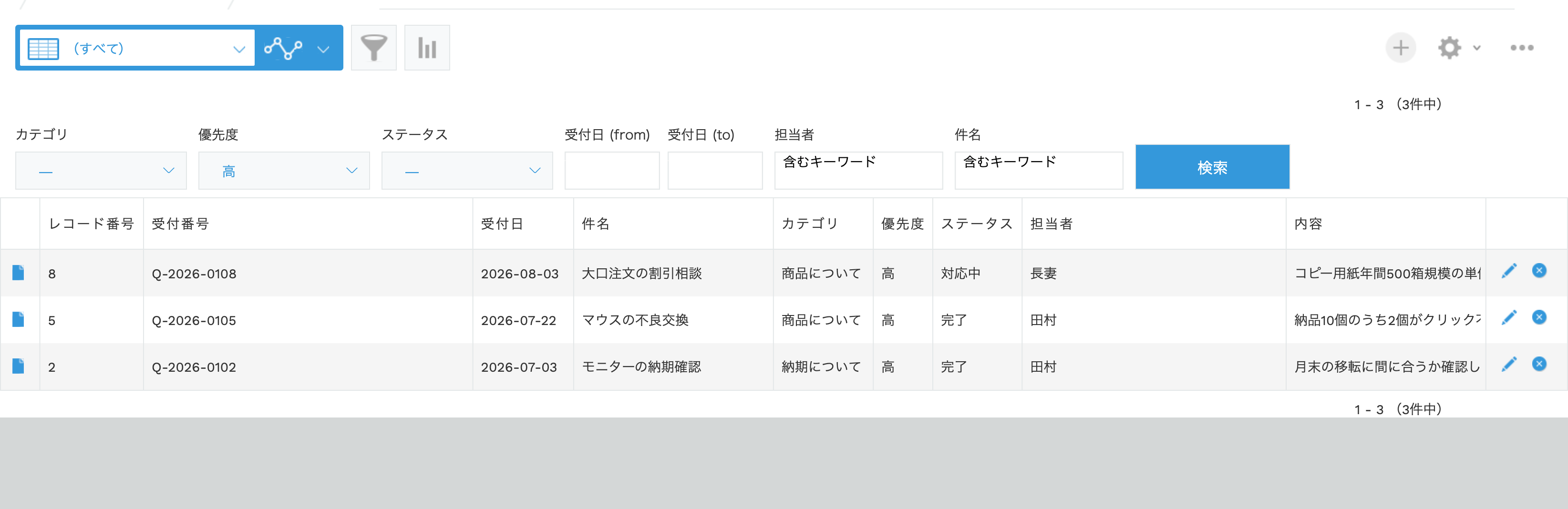 問い合わせ管理アプリで優先度「高」を指定して検索し、3件に絞り込まれた一覧