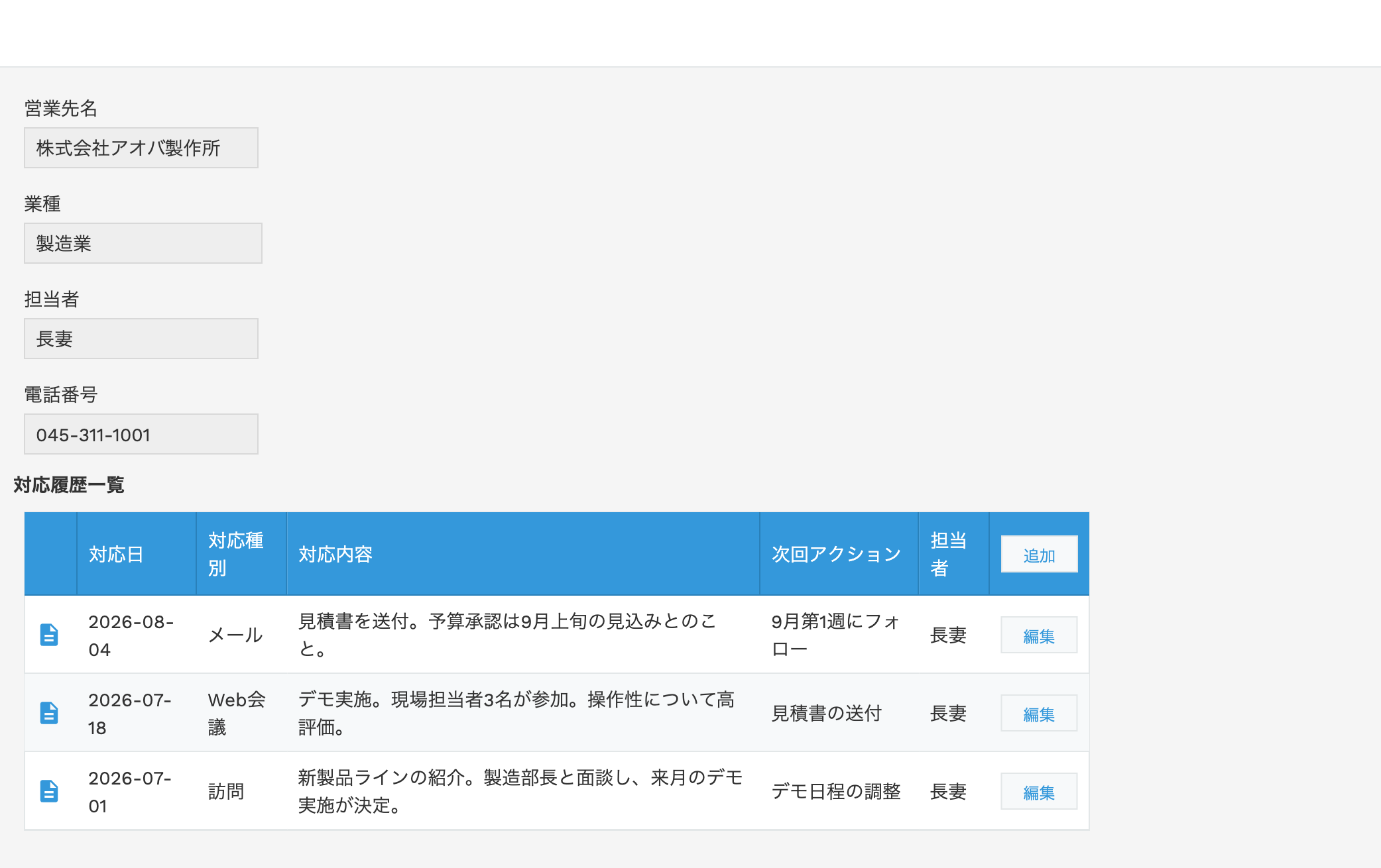 営業先管理アプリのレコード詳細。対応履歴一覧のエディタに追加・編集ボタンが表示されている