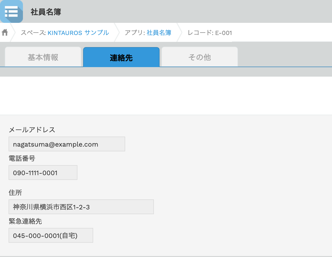 連絡先タブをクリックした状態。メールアドレスや電話番号などのフィールドに切り替わっている